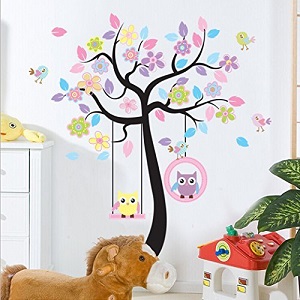 Charming Art Colorful Tree Decals with Hanging Owl, DIY Wall Decor, Pink Owl Wall Sticker, Owl Wallpaper for Kids Room, Reusable Stickers by LaceDecaL Ac13