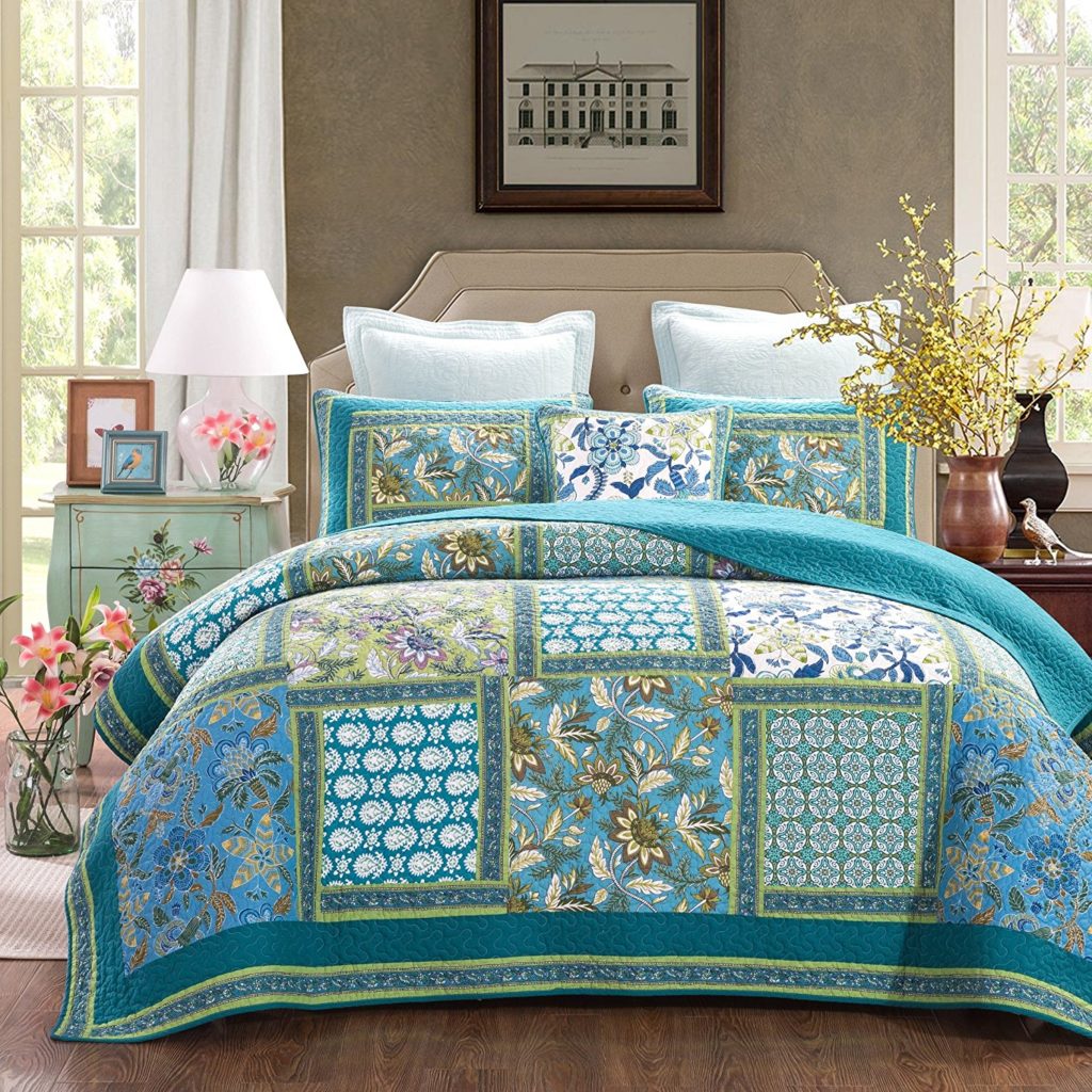 Dada Bedding Mediterranean Fountain Bohemian Reversible Cotton Real Patchwork Quilted Coverlet Bedspread Set - Floral Paisley Turquoise Teal Blue Green Print - 3 pieces