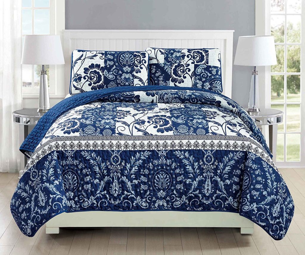 3 pc White Navy Blue Floral Bedding