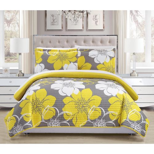 Yellow Floral Bedding - Reversible, 3-Piece Queen Yellow Floral Quilt set