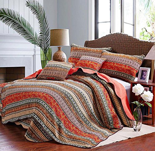 Boho Bedspread Quilt Sets, Bohemian Queen, Best Striped Classical Cotton 3-Piece Patchwork