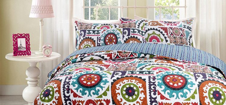 Bohemian Chic Bedding Wildfire Gardens Reversible, Cotton Bohemian Quilted Coverlet Bedspread Set - Multi Colorful Rainbow Geometric Floral Print - Bohemian King