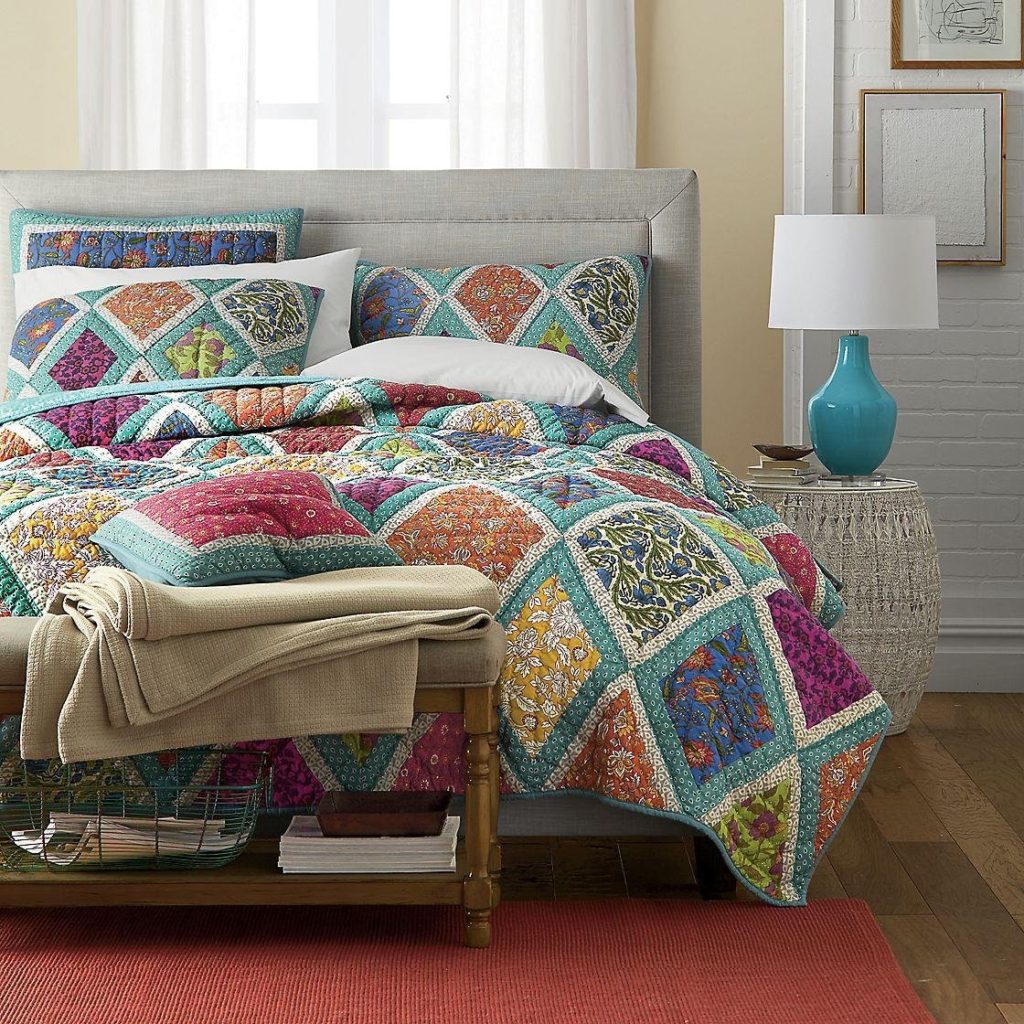 Bohemian Bedding Collection Reversible Real Patchwork Cotton Fairy Forest Glade Floral, Boho Chic Quilt Bedspread Set