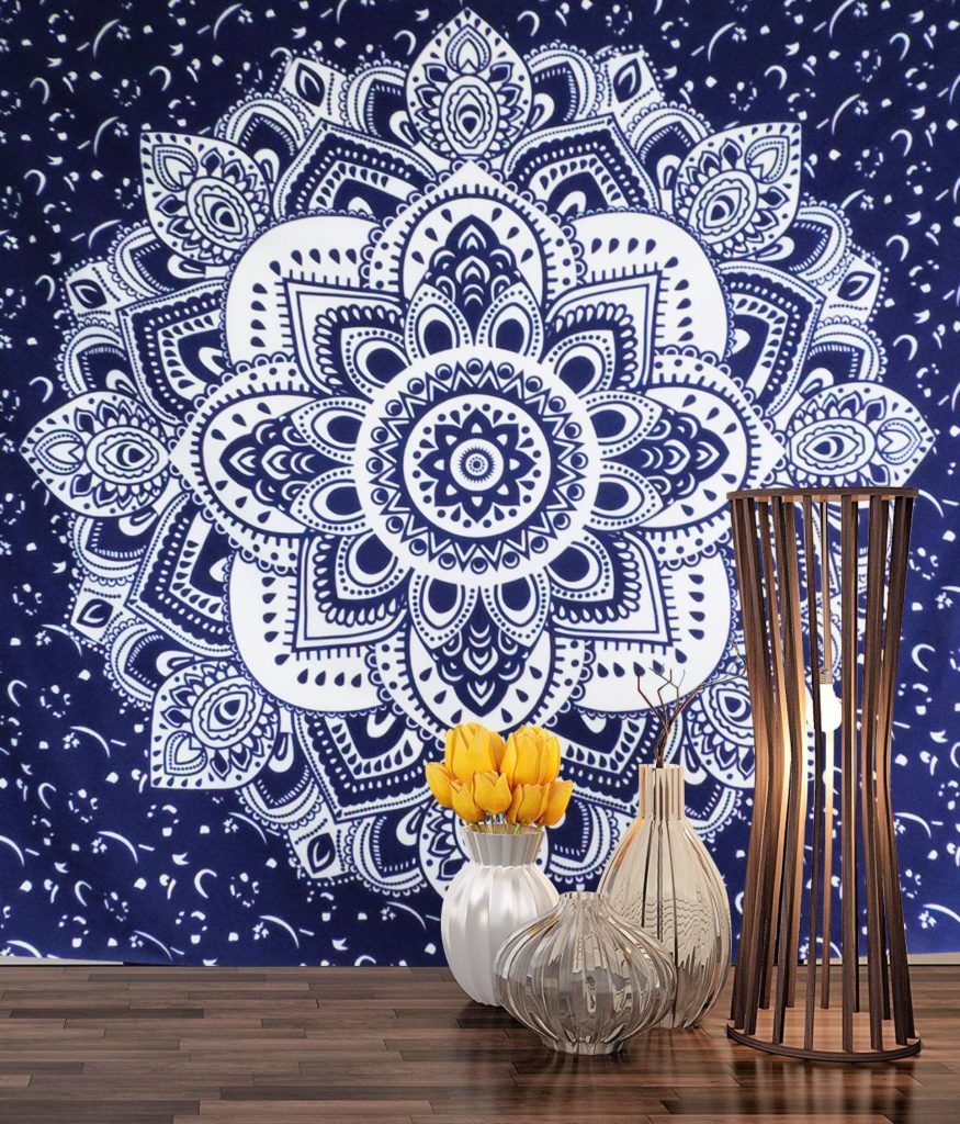 Icejazz Mandala Tapestry Wall Hanging Dark Blue & White Wall Art Floral Decorative for Bedroom Living Room 51x59 Inches