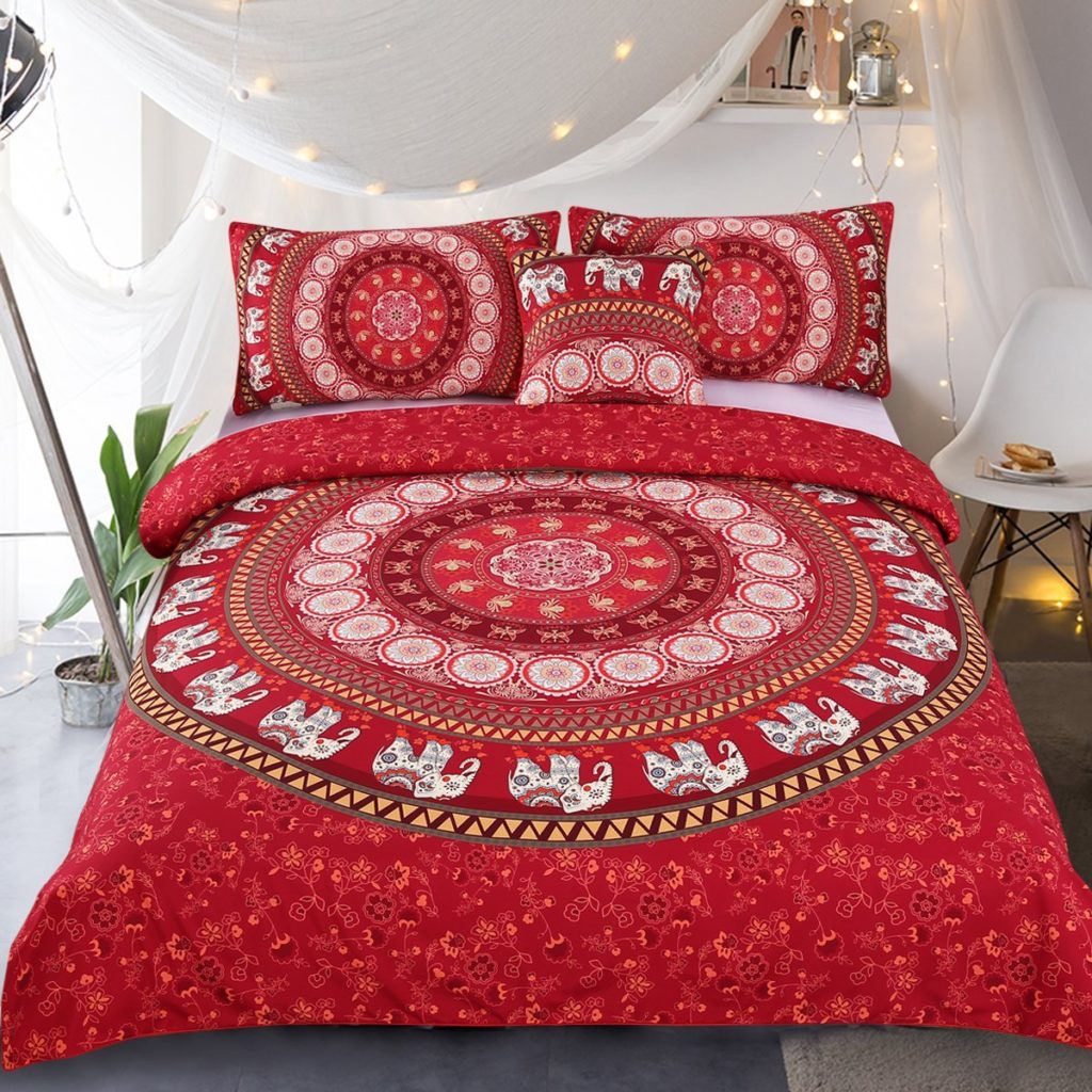 Boho Chic Bedding - Sleepwish Elephant Mandala Duvet Cover Red Bohemian Bedding Hippie Bed Set Elephant Tapestry Bedding - Queen Boho Bedding