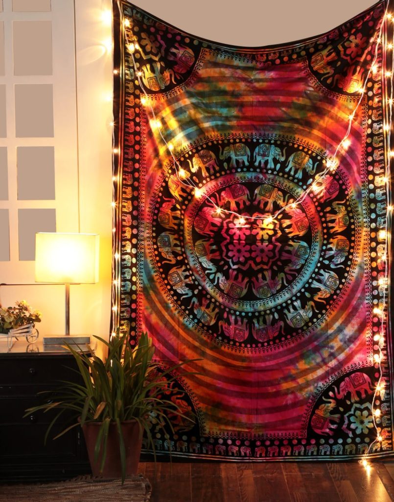 Boho Bedding Tie Dye Elephant Mandala Hippie Tapestry, Hippy Mandala Bohemian Tapestries, Indian Dorm Decor, Psychedelic Tapestry Wall Hanging Ethnic Decorative