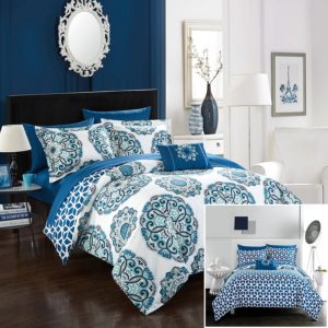 Chic Home Barcelona 8 Piece Reversible Comforter Set, King, Blue and White Bedding