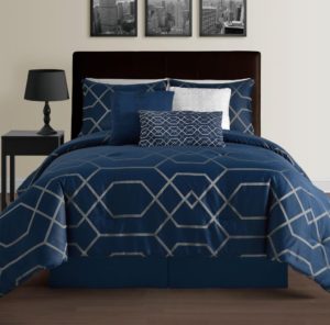 Hampton 7-Piece Modern Geometric Comforter Set - Down Alternative Hypoallergenic Comforters - Comforter, Bed Skirt, Bolster, Pillow and 2 Shams Set, King, Blue