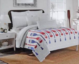 Red White and Blue Bedding - Rustic Crimson Red and Navy Blue Crew Rowing Oars on White and Soft Gray Striped 3PC Quilt Set - Queen
