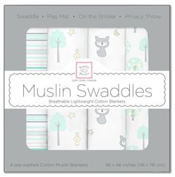 SwaddleDesigns Cotton Muslin Swaddle Blankets, Set of 4, Green Woodland