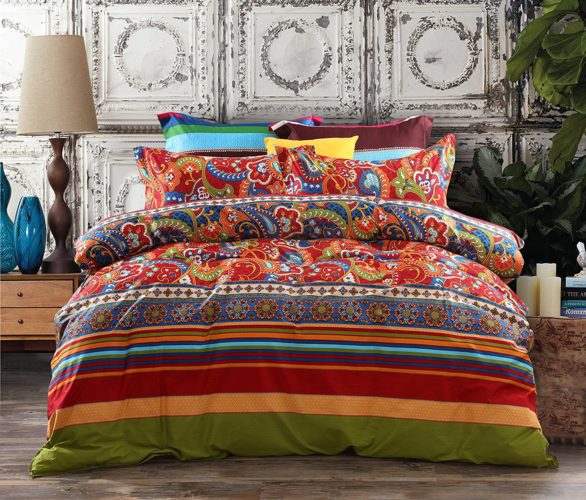 Boho Chic Bedding, 3-Piece Bohemian Ethnic Retro Multi Color Bedding Sets-Collections,Morocco Boho Chic Stripe Duvet Cover Sets with Shams,Turquoise and Tangerine,for Home Decor