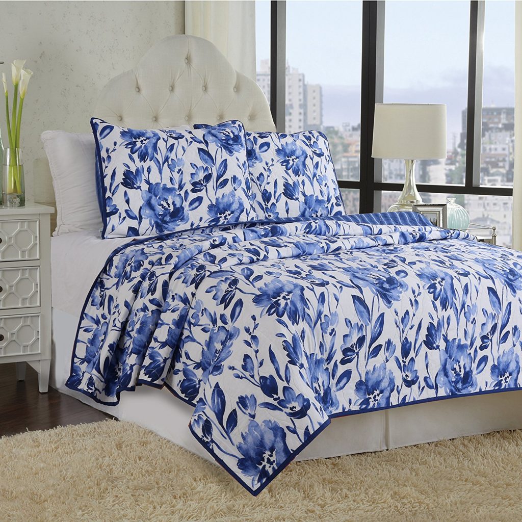 3-Piece Quilt Set 100%Cotton, Bedspread Set, Finely Stitched, Coverlet Bed-cover, Washable Durable, Blue Flower, White and Blue Floral Bedding (Queen)