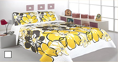 3 Pieces Printed Bedspread Coverlet Sets Quilt Sets White Grey Yellow Floral Bedding Available in Queen & King size (Queen)