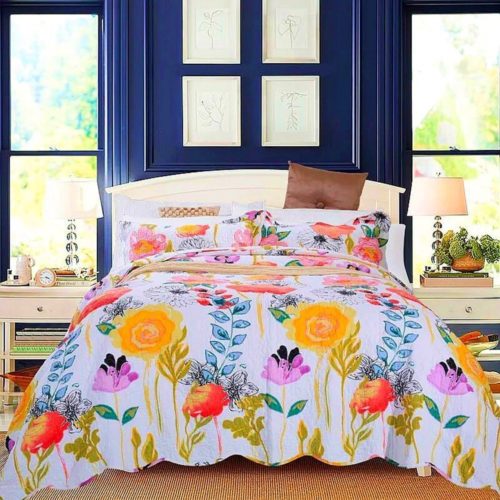 Artextile Yellow Floral Bedding Poppy Reversible Coverlet Bedspread 3-Pieces Quilt Set ,Queen Size