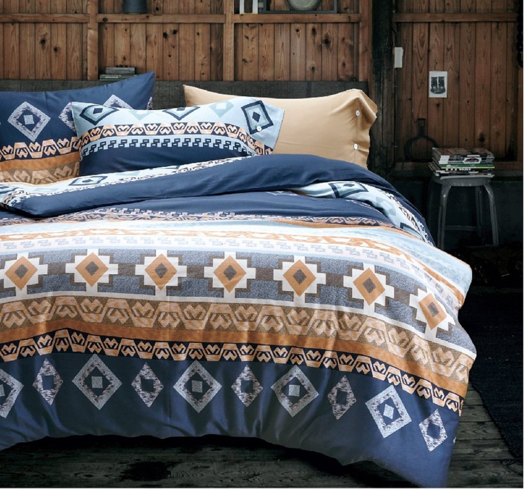 Bohemian Duvet Cover Striped Ethnic Boho Reversible Southwestern 400TC Cotton Bedding 3pc Set Navy White Orange Modern Geo Aztec Print (Queen, Tang)