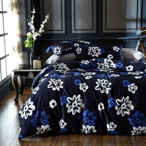Brandream Modern Watercolor Flowers Print Duvet Quilt Cover 4pc Set Cotton Sateen 400tc Luxury Floral Bedding (Full,Dark Blue)