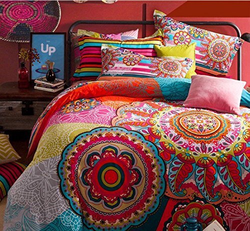 Boho Chic Bedding, COMFORTEX Boho Bedding Set Queen Size Bohemian Duvet Cover Sets With Flat Sheet 4-Piece 100% Thick Sanded Cotton Excellent Feeling Soft and Comfortable Bohemian Comfy Bedding Girl Bedding
