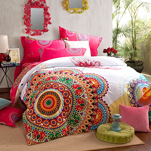Boho Chic Bedding, COMFORTEX Boho Bedding Set Queen Size Bohemian Duvet Cover Sets With Flat Sheet 4-Piece 100% Thick Sanded Cotton Excellent Feeling Soft Girl Bedding