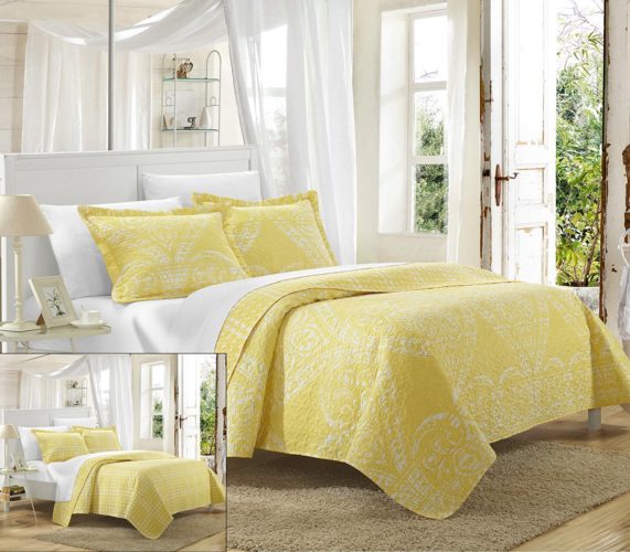 Chic Home 3 Piece Napoli Reversible Printed Quilt Set, Queen, Yellow