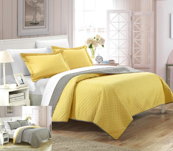 Chic Home 3 Piece Teresa Reversible Color Block Modern Quilt Set, Yellow Queen Bedding