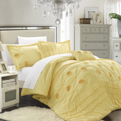 Chic Home 5-Piece Florentina Floral Pleated Comforter Set, Yellow Queen Bedding