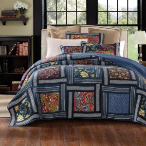 DaDa Bedding Bohemian Midnight Ocean Blue Sea Reversible Real Patchwork Quilted Bedspread Set - Dark Navy Floral Multi-Color Print - King - 3-Piece