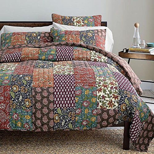 DaDa Bedding Collection Reversible Bohemian Real Patchwork Cotton Floral Masterpiece Floral Quilt Bedspread Set, Multi-Colored Dark Purple, King