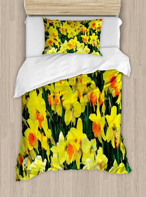 Daffodil Decor Duvet Cover Set by Ambesonne, Daffodil Narcissus Gardening Nature Botanical Theme Seasonal Floral Picture Print, Twin XL, Yellow Green