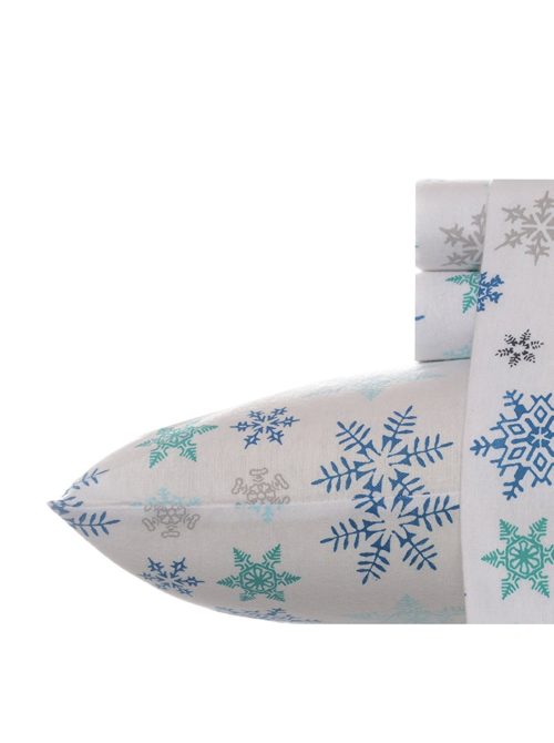 Eddie Bauer Indigo Warm Cotton Flannel Sheet Set, Queen, Tossed Snowflake