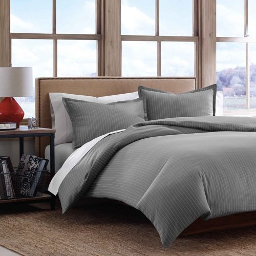 Eddie Bauer Pinstripe Cotton Sateen Duvet Covet Set, King, Gray