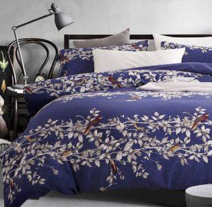Eikei Botanical Garden Duvet Cover Washed Brushed 100-percent Cotton Bedding Set Asian Chinoiserie Print Birds Floral Pattern (Queen, Navy Blue)