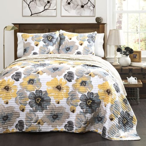 Lush Decor Leah Quilt 3 Piece Set, Full-Queen, Grey and Yellow Queen Bedding