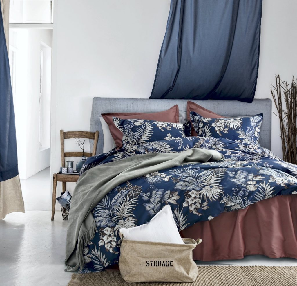 Midnight Blue Botanical Print Duvet Quilt Cover Egyptian Cotton Bedding Set Modern Luxury Minimal Palm Leaf Dark Navy Taupe Floral Watercolor Desig