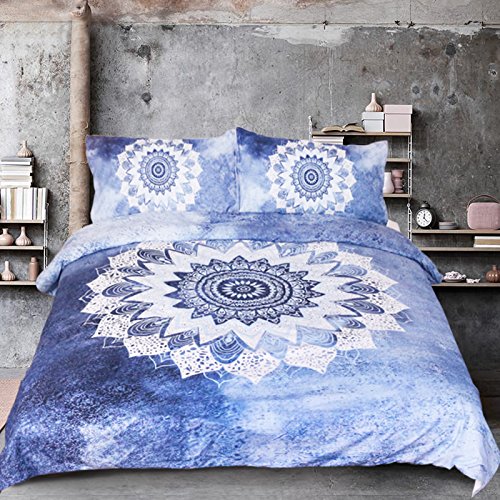 Sleepwish Vintage Floral Duvet Cover Bohemian Bedding Boho Blue Mandala Duvet Cover with 2 Pillow Cases Queen Size