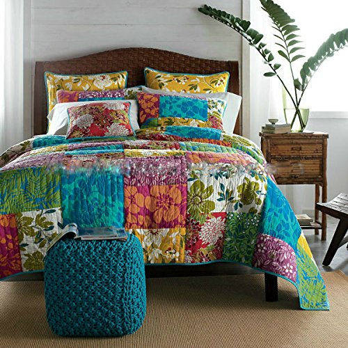 Tache 100% Cotton 3 Piece Colorful Flower Power Party Patchwork Quilt Set Boho Chic Quilt Bedding, Queen
