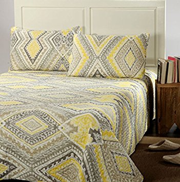 Tache Home Fashion KST1503-Queen 3 Piece Modern Yellow Summer Diamond Reversible Bedspread Quilt Set, Queen