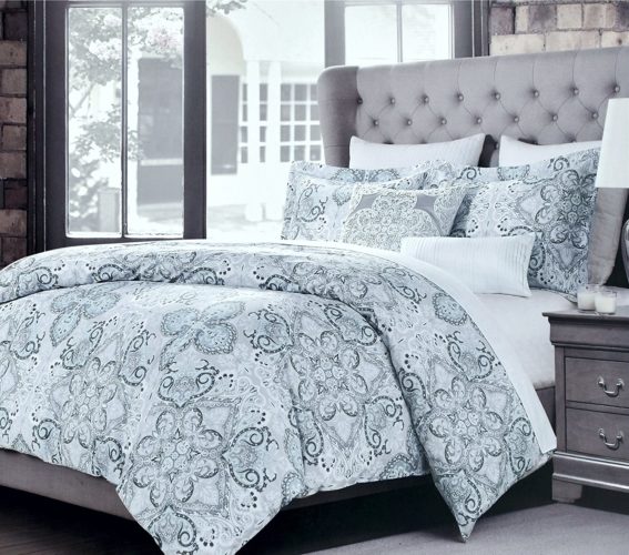 Boho Chic Bedding, Tahari Home Luxury Bohemian Duvet Cover Luxury Boho Chic Style Medallion Print in Blue Grey 3 Piece Bedding Set (Queen, Dusty Denim)