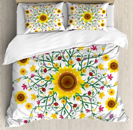 Yellow Mandala King Size Duvet Cover Set by Ambesonne, Round Motif with Wild Spring Blooms and Sunflowers Botanical Swirls Corsage 2 Pillow Shams - Yellow Floral Bedding