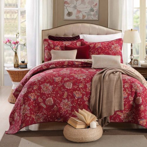 Burgundy Bedspreads - 100% Cotton 3-Piece Floral Reversible Burgundy Quilt Set(1 Quilt and 2 Shams) Bedspread Coverlet Set-King Size by mixinni