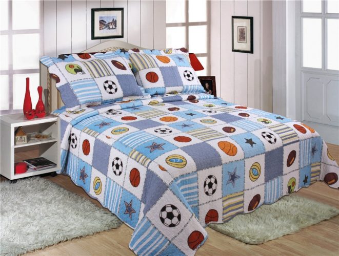 Red White and Blue Boys Bedding - 3 Pieces Sport Basketball Football All Star Patchwork Bedspread Quilt Set Queen
