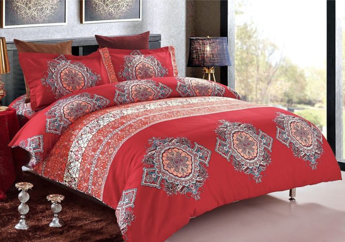3pcs Bohemian Duvet Cover Set, Burgundy Boho chic Mandala Medallion Printed Soft Microfiber Bedding (King Size)
