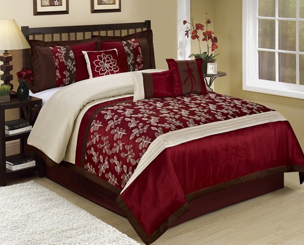 Burgundy Comforter Sets - 7 Piece CELIN Big Leaves Embroidered And Patchwork Comforter Set Queen King CalKing (King, Burgundy)