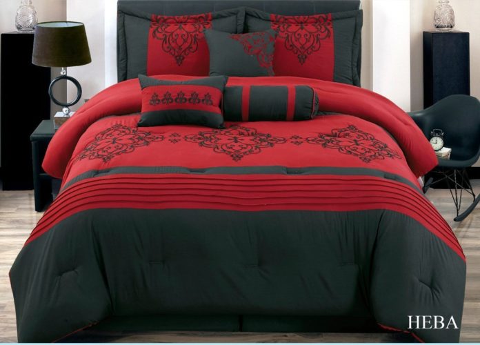 Burgundy Comforter Sets - 7 Piece Modern Oversize Burgundy Red - Black Medallion Embroidered Comforter set QUEEN Size Bedding