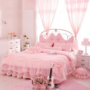 Auvoau Korean Rural Princess Bedding，Delicate Floral Print Lace Duvet Cover，Baby Girl Fancy Ruffle Wedding Bed Skirt，Princess Luxury Bedding Set 4PC (Twin, Pink) - Victorian Bedding Collections