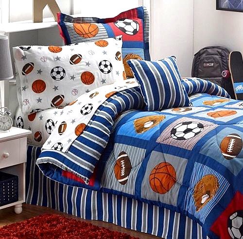 Red White and Blue Boys Bedding - BOYS SPORTS PATCH Football Basketball Soccer Balls Baseball Blue Comforter Set (TWIN SIZE 6pc Bed In A Bag)