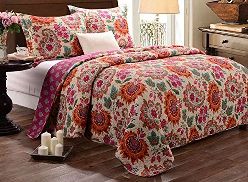 Burgundy Bedspreads - Babycare Pro Bohomian Style Paisley and Flower Print Queen Size Quilt Sets, Cotton Quilted Bedspread Bedding Sets Queen Size 3 Pieces, 1 Quilt, 2 Pillowcase