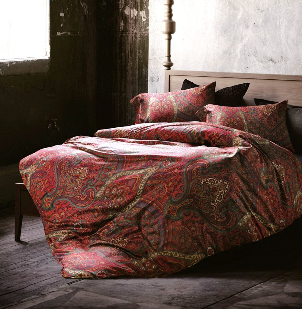 Boho Paisley Print Luxury Duvet Quilt Cover and Shams 3pc Bedding Set Bohemian Damask Medallion 350TC Egyptian Cotton Sateen (King, Red)