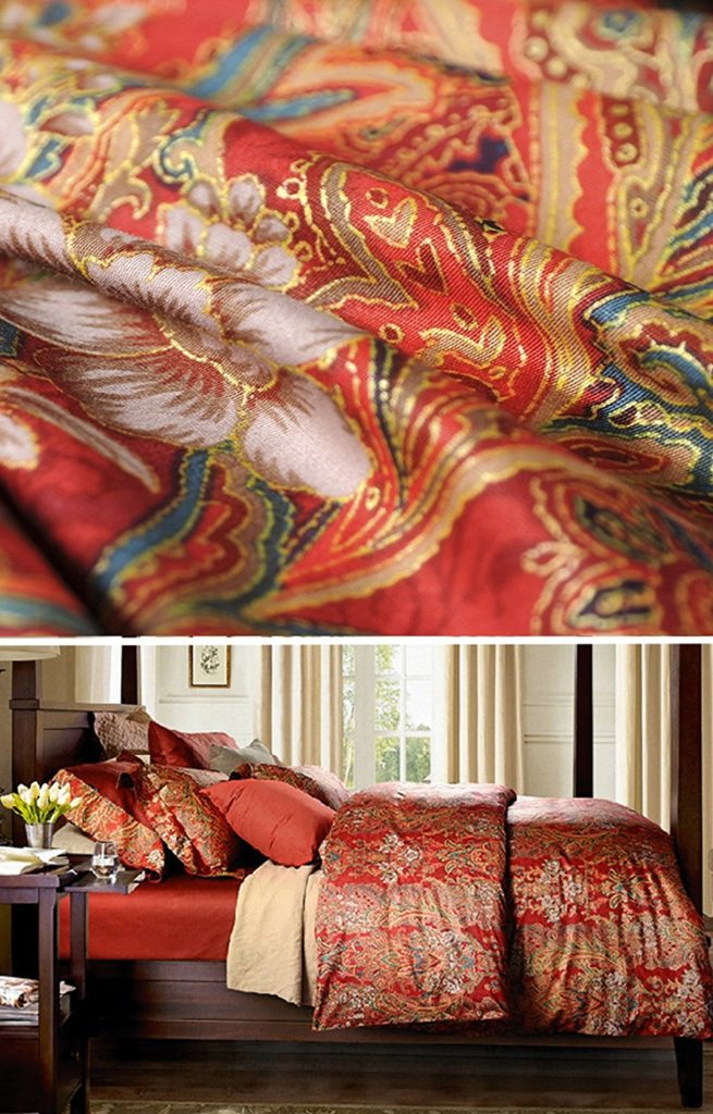 Boho Paisley Print Luxury Duvet Quilt Cover and Shams 3pc Bedding Set Bohemian Damask Medallion 350TC Egyptian Cotton Sateen (Queen, Gold Red)