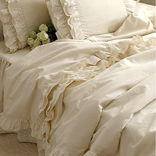 Brandream Girls Korean Ruffle Bedding Sets Romantic Ivory Duvet Covers Queen Size 4 Piece Sheets Set Luxury Satin Fabric - victorian bedding collections