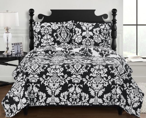 black and white coverlet - Catherine Black with White, Full-Queen Over-Sized Reversible Quilt 3pc set, Luxury Microfiber Printed Coverlet, Bedspread
